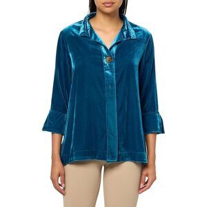 john mark Women's Velvet medium tunic teal Three Quarter Sleeves Hidden Placket